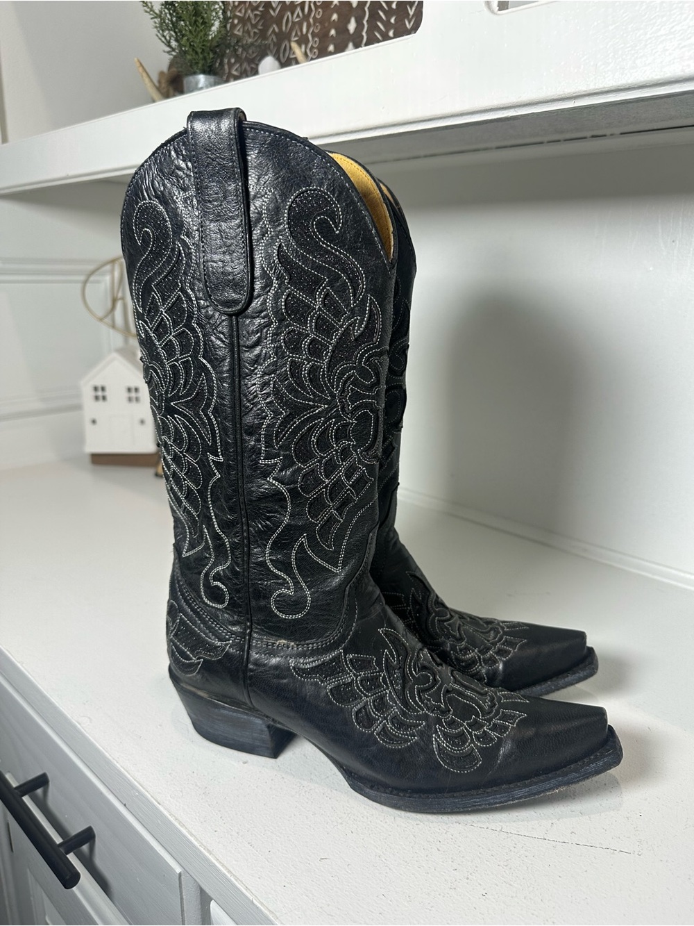 Cavender's Cowboy Boots Womens 7 Black Leather Western Cowgirl Boots Embroidered - Picture 5 of 10